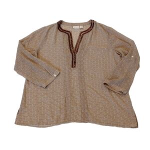 Chicos Womens Blouse Size Large Brown Tan  Beads Oversized Geometric Print Sheer